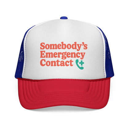 Blue and Red Somebody's Emergency Contact Trucker Hat, front view of the printed panel