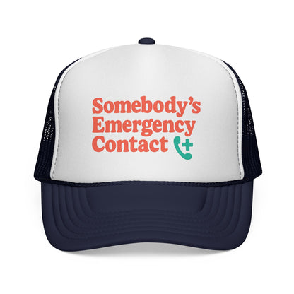 Dark Navy Somebody's Emergency Contact Trucker Hat, front view of the printed panel