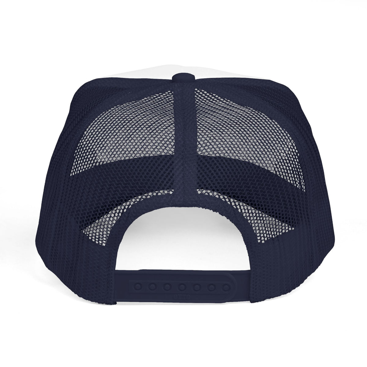 Dark Navy Somebody's Emergency Contact Trucker Hat, back view with mesh panels and adjustable snapback