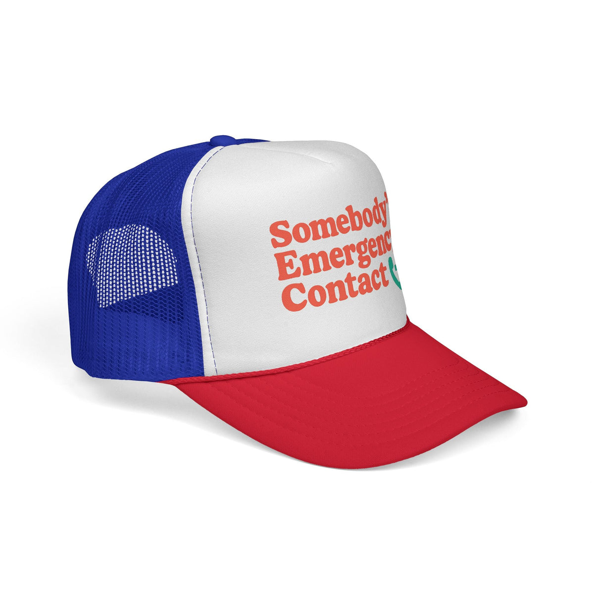 Blue and Red Somebody's Emergency Contact Trucker Hat, side view showing the curved brim