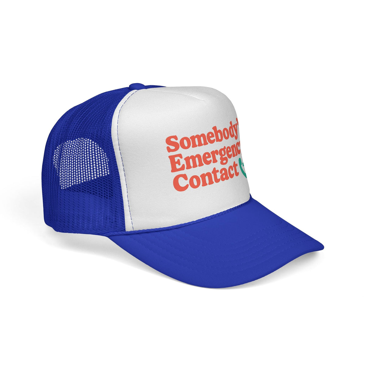 Royal Somebody's Emergency Contact Trucker Hat, side view showing the curved brim