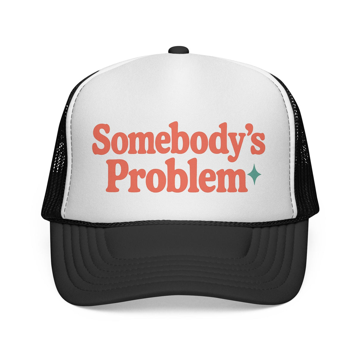 Black Somebody's Problem Hat, front view of the printed panel