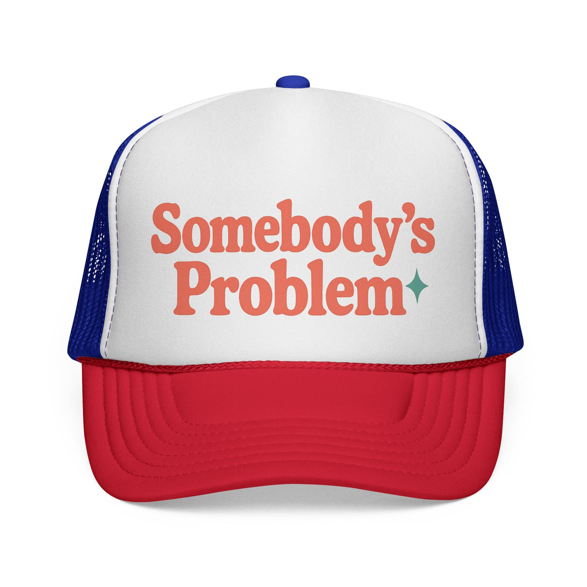 Blue and Red Somebody's Problem Hat, front view of the printed panel