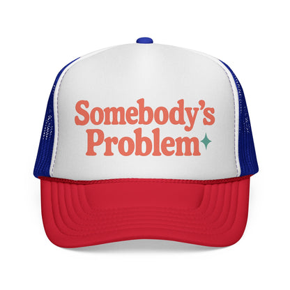 Blue and Red Somebody's Problem Hat, front view of the printed panel
