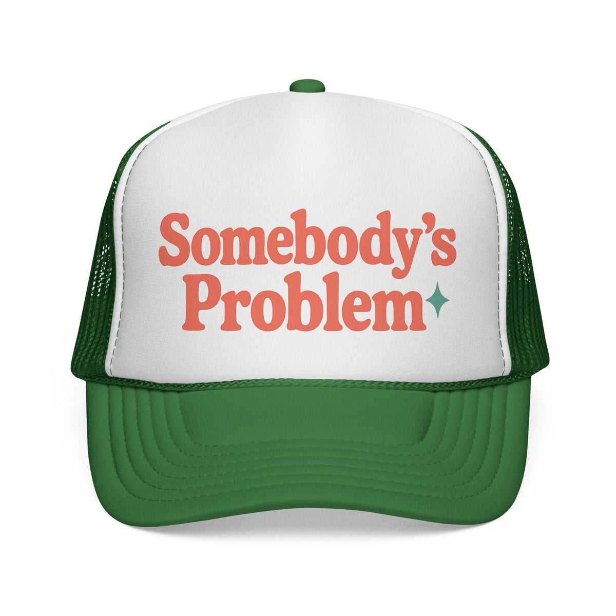 Green Somebody's Problem Hat, front view of the printed panel