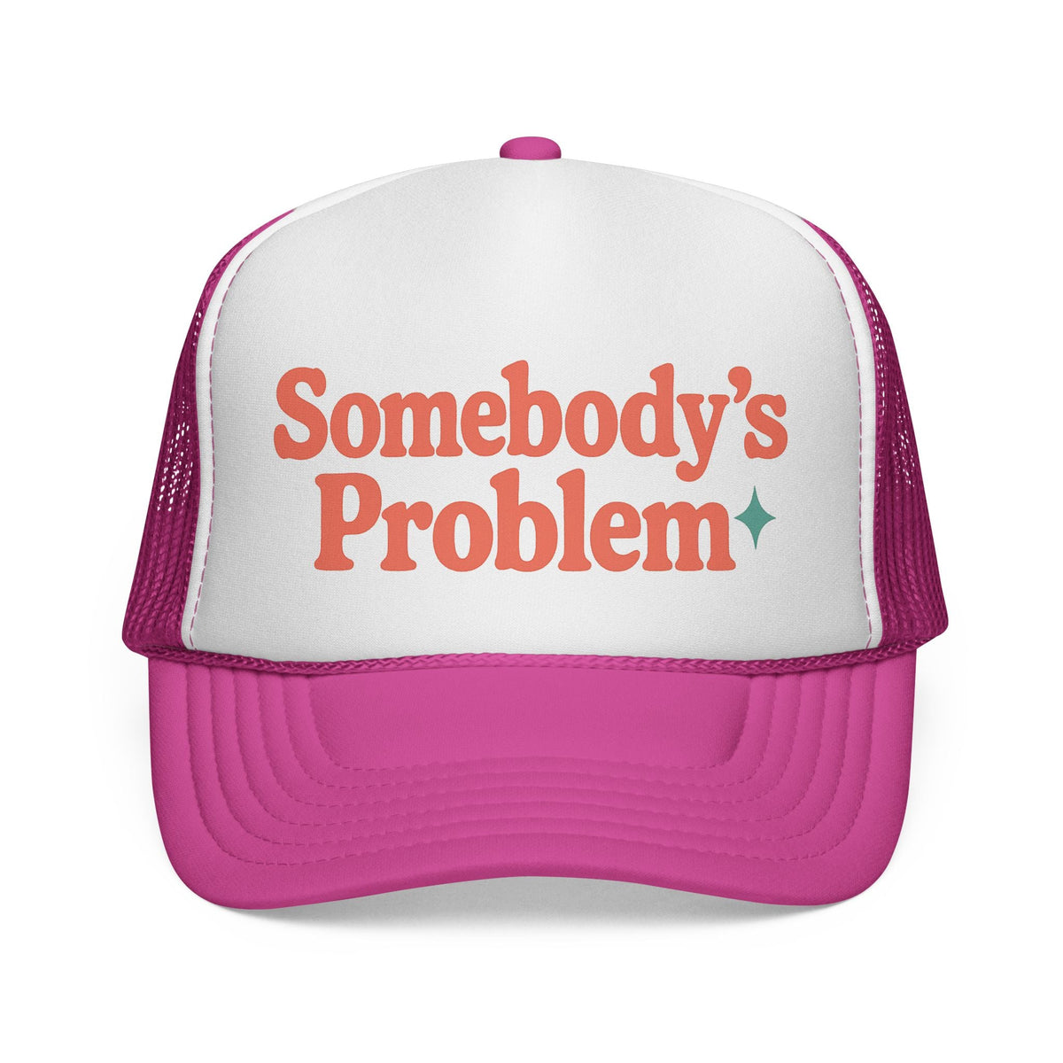 Pink Somebody's Problem Hat, front view of the printed panel