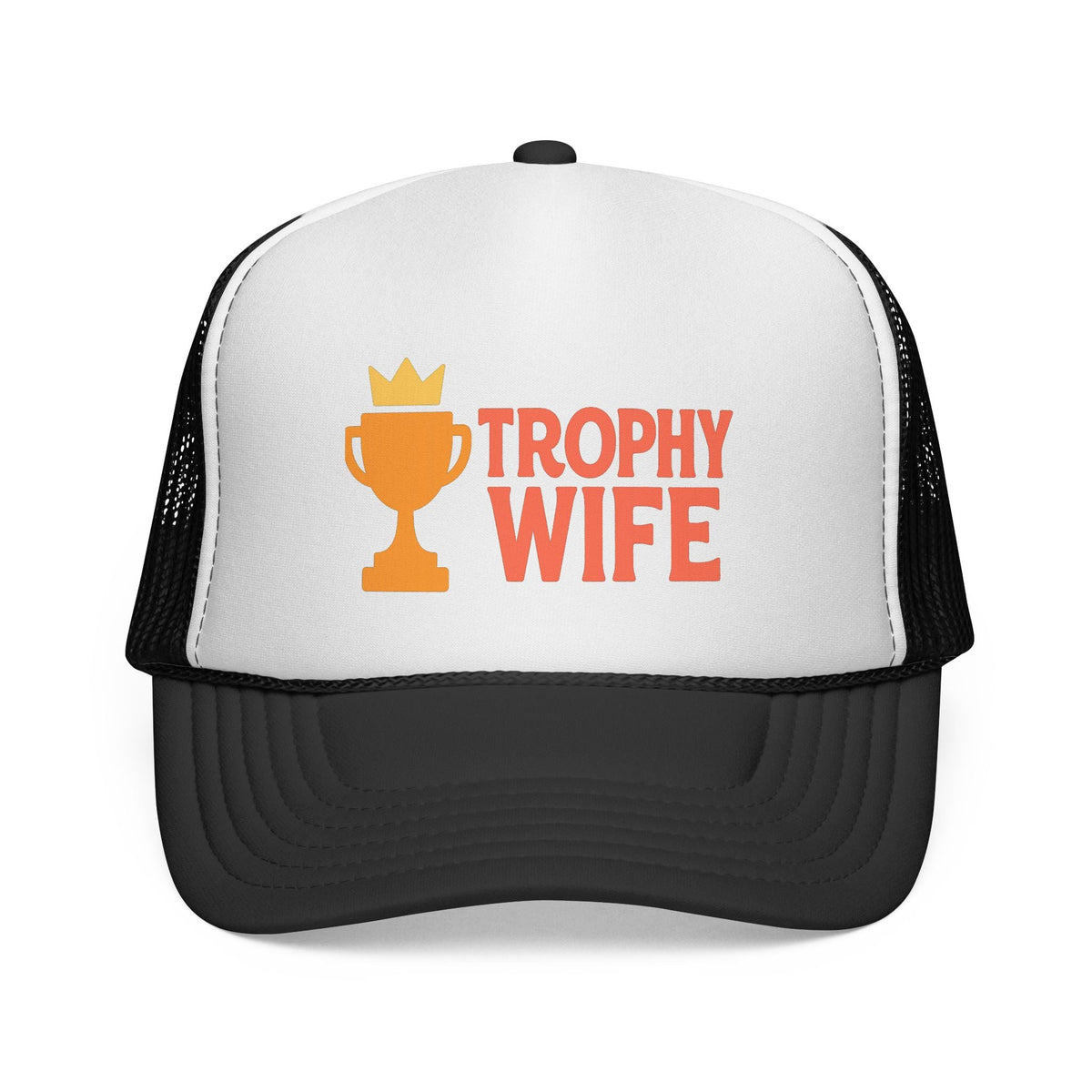 Black Trophy Wife Trucker Hat, front view of the printed panel