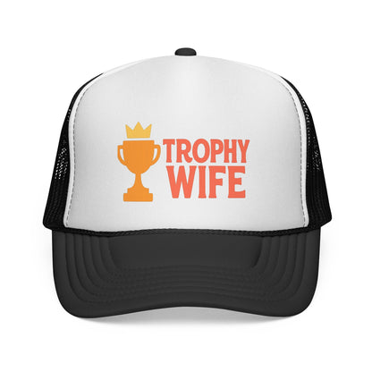 Black Trophy Wife Trucker Hat, front view of the printed panel