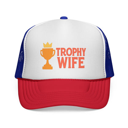 Blue and Red Trophy Wife Trucker Hat, front view of the printed panel