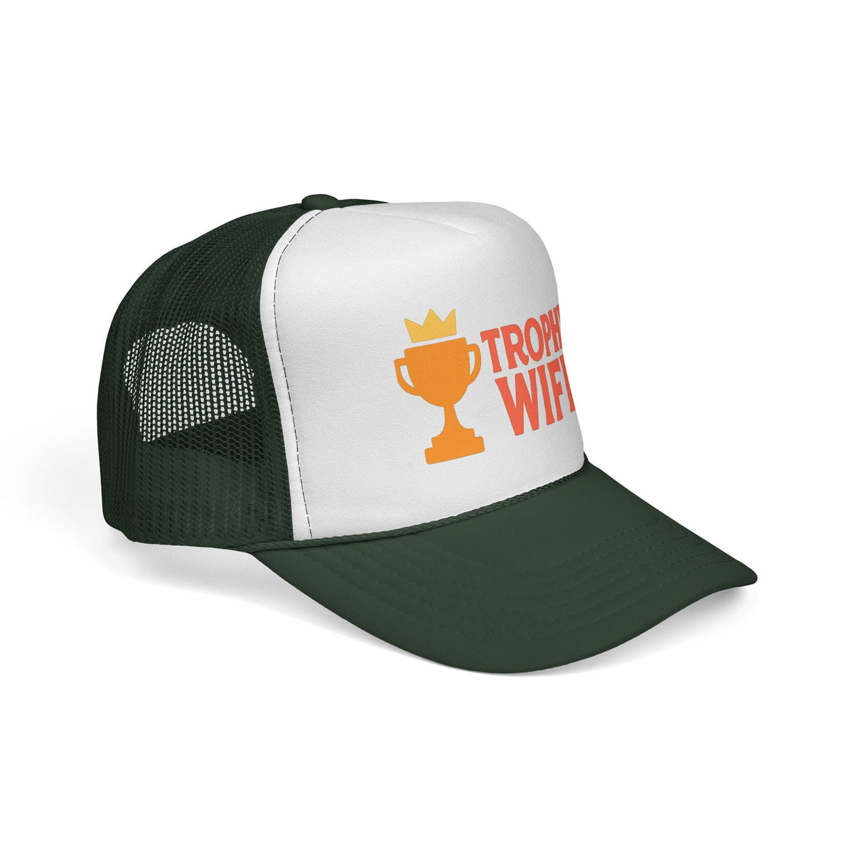 Dark Green Trophy Wife Trucker Hat, side view showing the curved brim