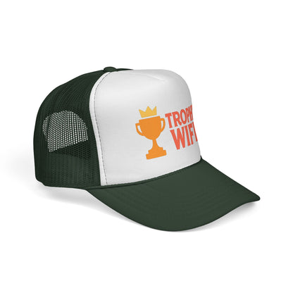 Dark Green Trophy Wife Trucker Hat, side view showing the curved brim