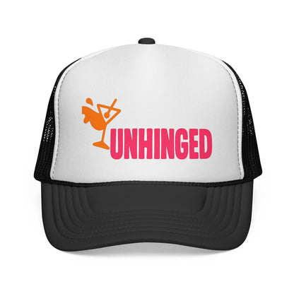Black Unhinged Trucker Hat, front view of the printed panel