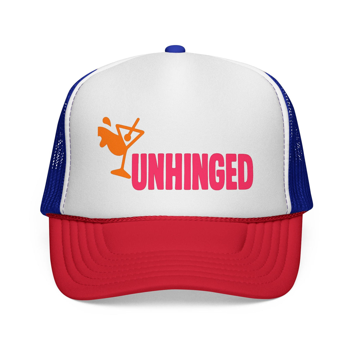 Blue and Red Unhinged Trucker Hat, front view of the printed panel