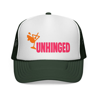 Dark Green Unhinged Trucker Hat, front view of the printed panel