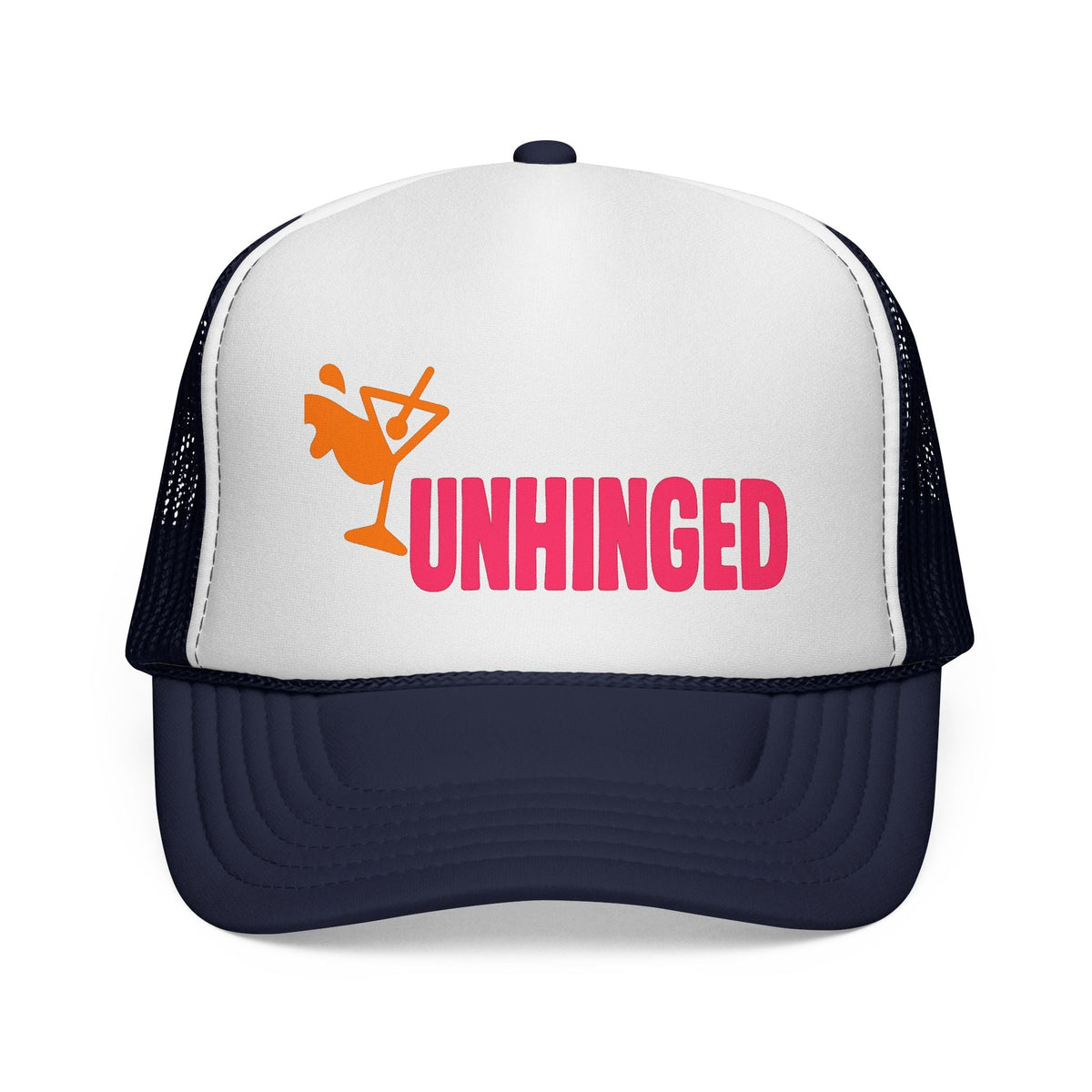 Dark Navy Unhinged Trucker Hat, front view of the printed panel