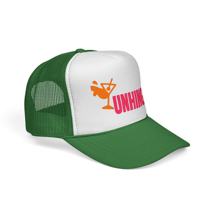 Green Unhinged Trucker Hat, side view showing the curved brim
