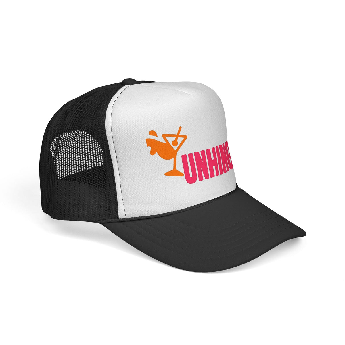 Black Unhinged Trucker Hat, side view showing the curved brim