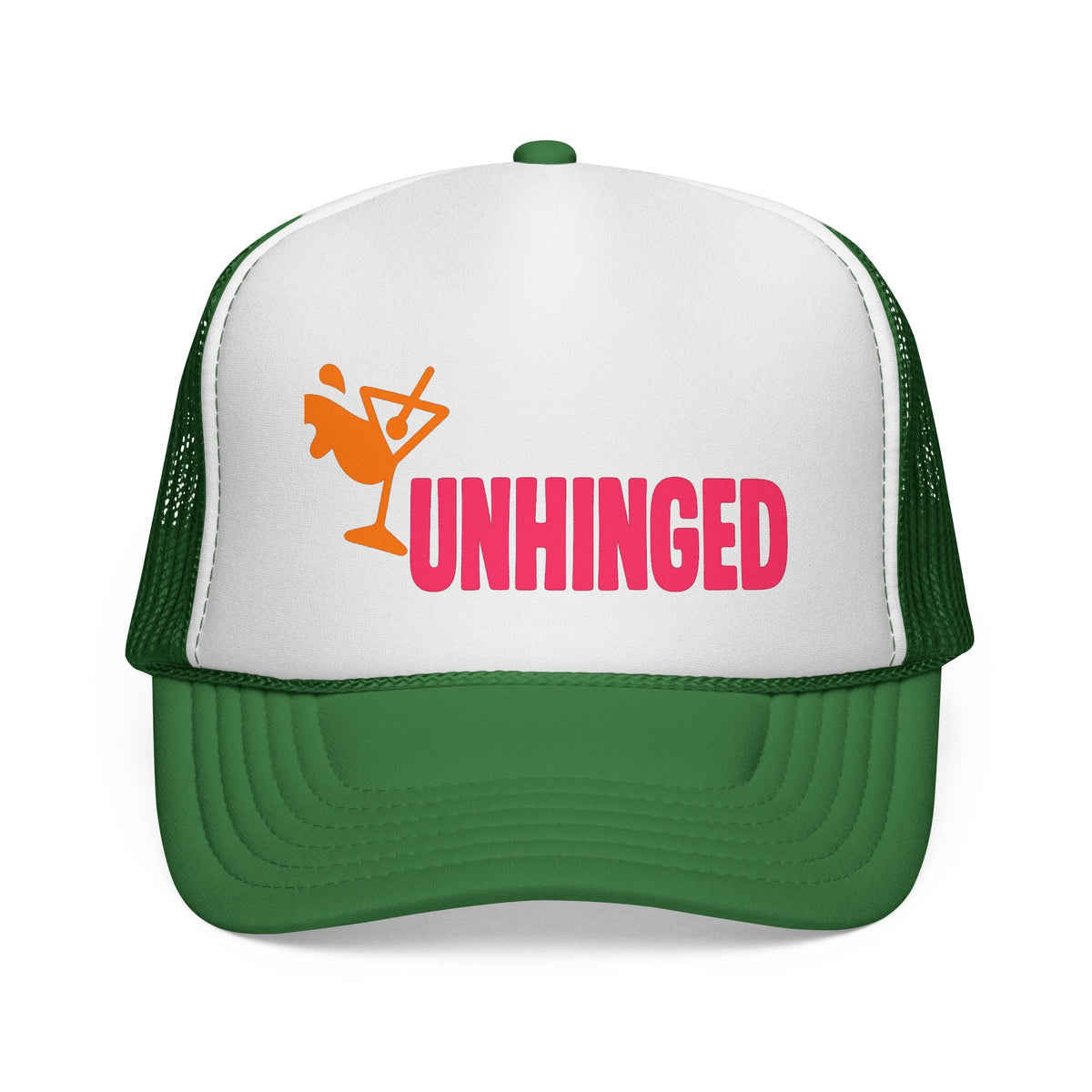 Green Unhinged Trucker Hat, front view of the printed panel