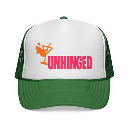 Green Unhinged Trucker Hat, front view of the printed panel