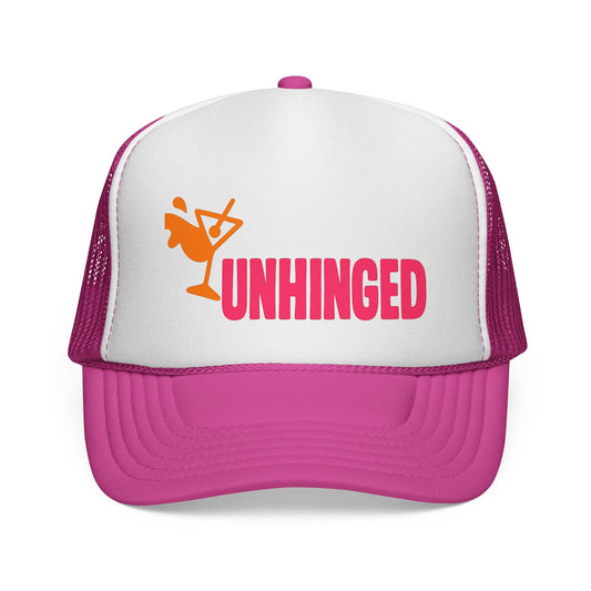 Pink Unhinged Trucker Hat, front view of the printed panel