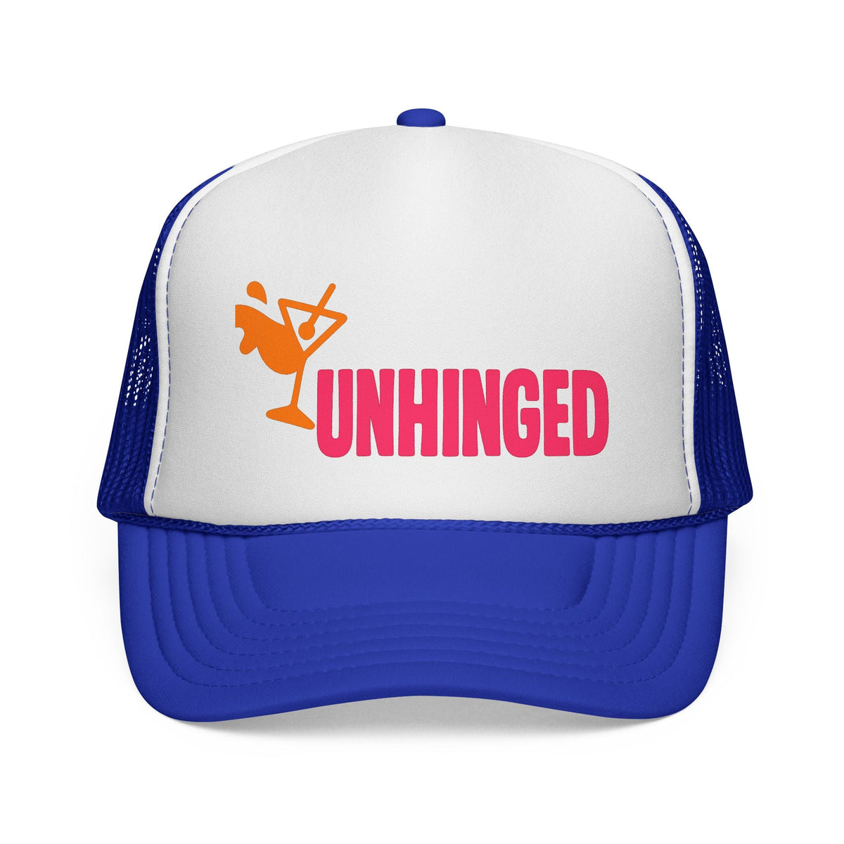 Royal Unhinged Trucker Hat, front view of the printed panel