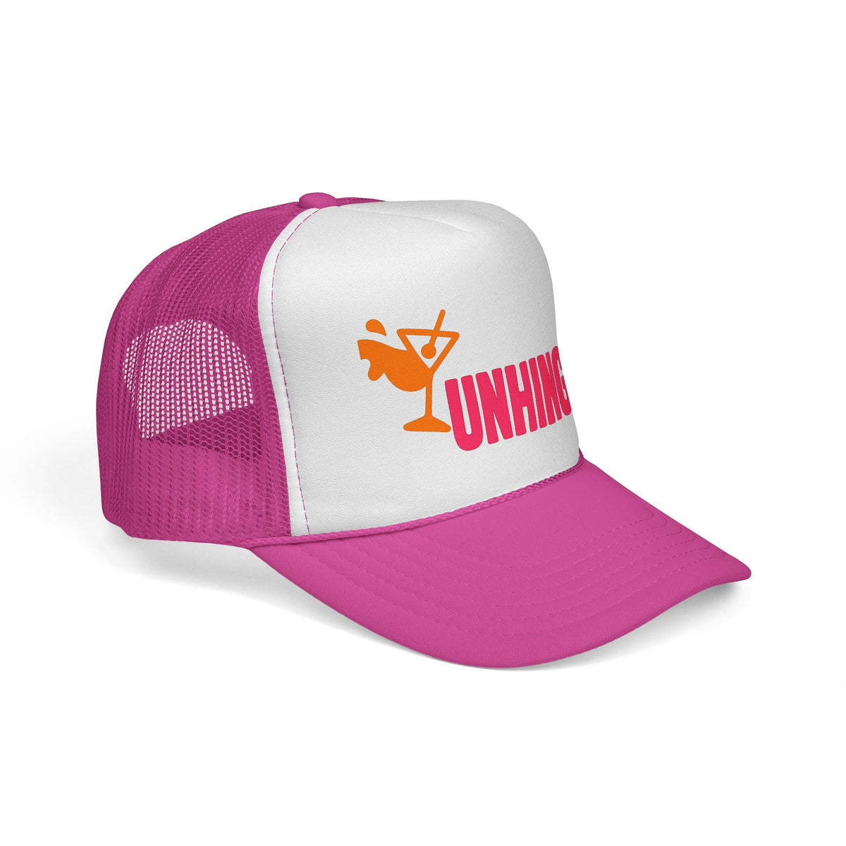Pink Unhinged Trucker Hat, side view showing the curved brim
