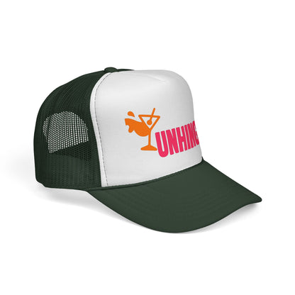 Dark Green Unhinged Trucker Hat, side view showing the curved brim